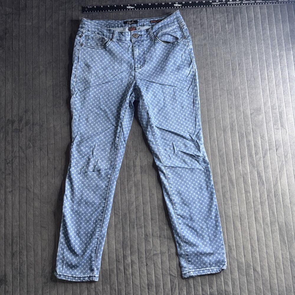 Earl Jeans women's skinny ankle jeans featuring a blue diamond print pattern